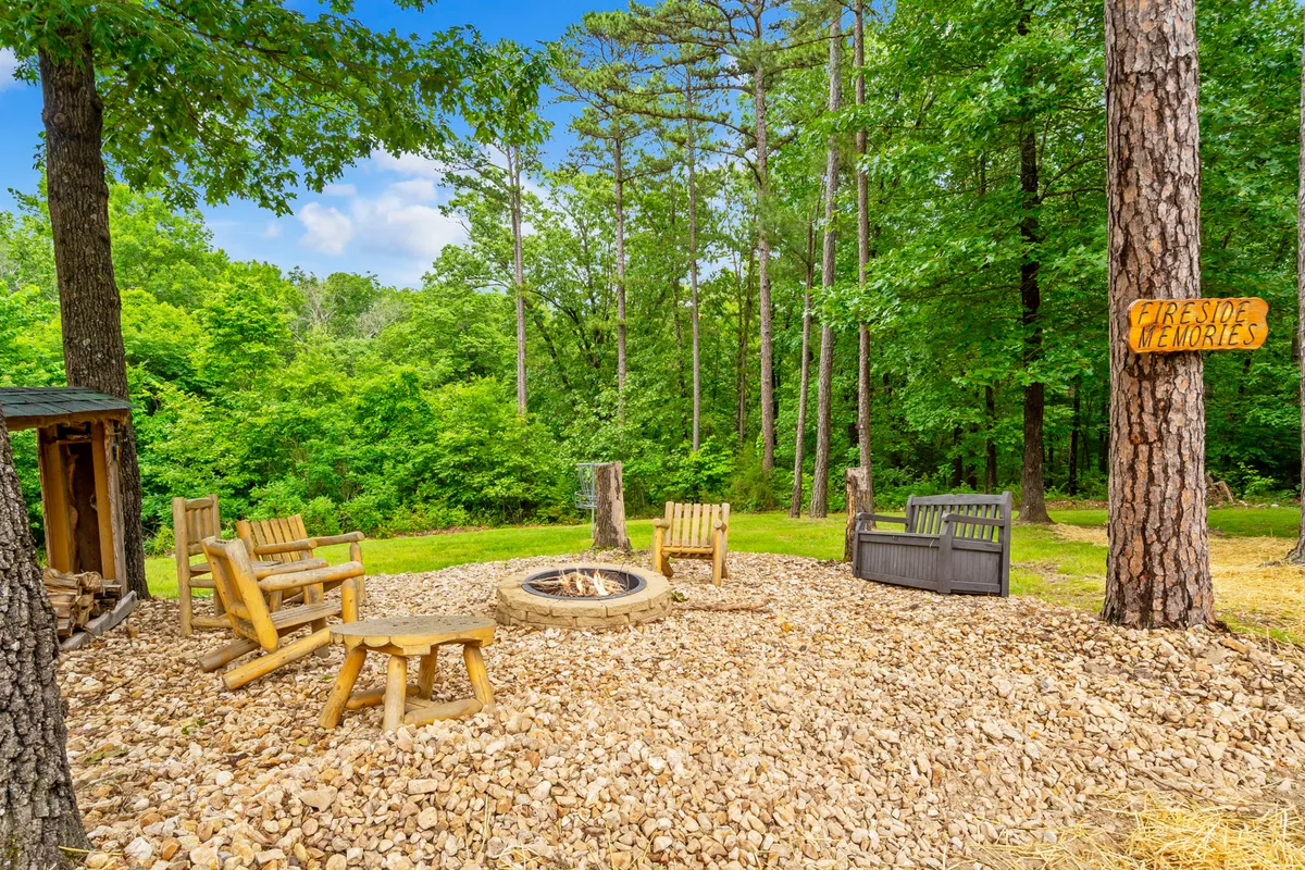 A warm fire pit area with rustic wooden seating is nestled among tall trees, with a sign reading 'Fireside Memories.' The space is designed for communal activities like storytelling, stargazing, and sharing special moments under the open sky, creating a sense of togetherness and connection with nature.