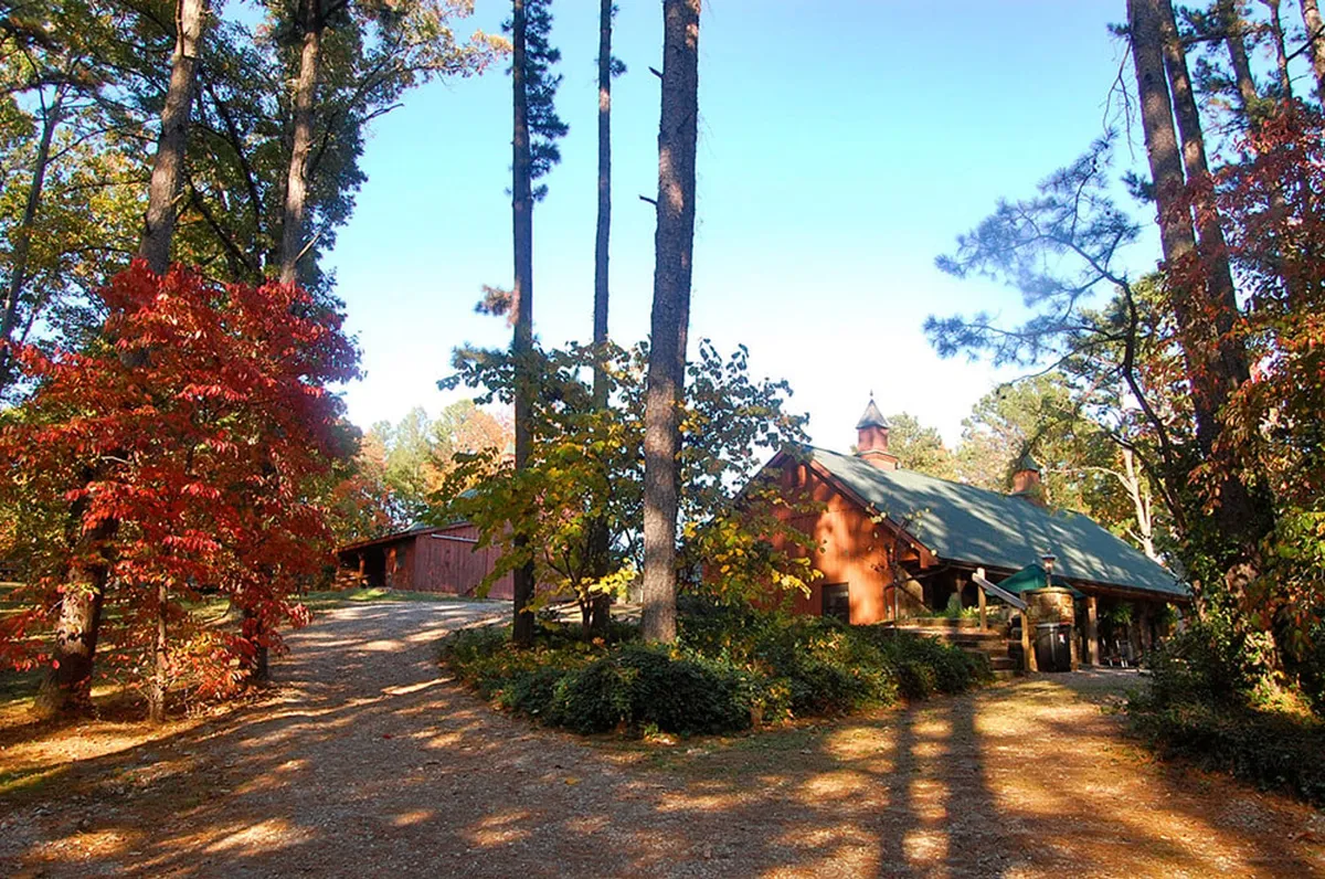 This photo shows the main house nestled among towering trees and colorful foliage, perfectly capturing the tranquil, pet-welcoming rural setting. The wide lawn and wooded backdrop highlight ample space for nature walks and outdoor play with pets.